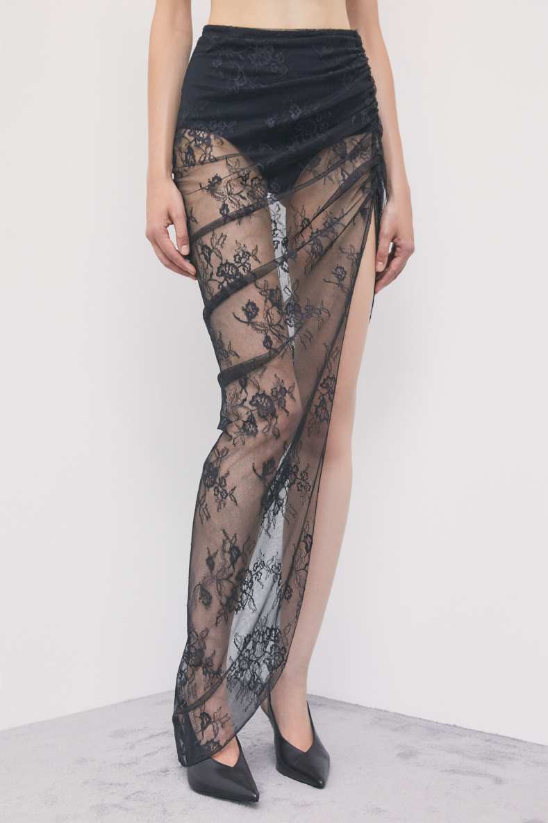 Asymmetric lace maxi skirt, Black, Patrizia Pepe