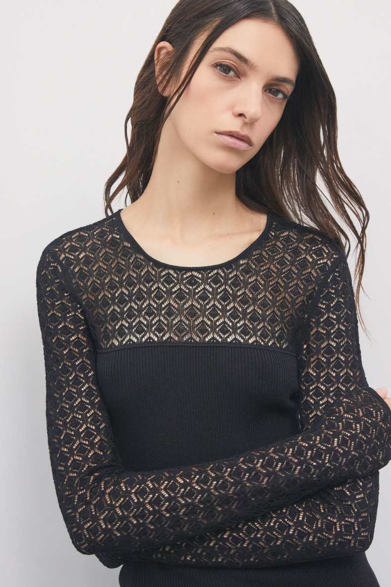Slim-fit lace-effect jumper, Black, Patrizia Pepe
