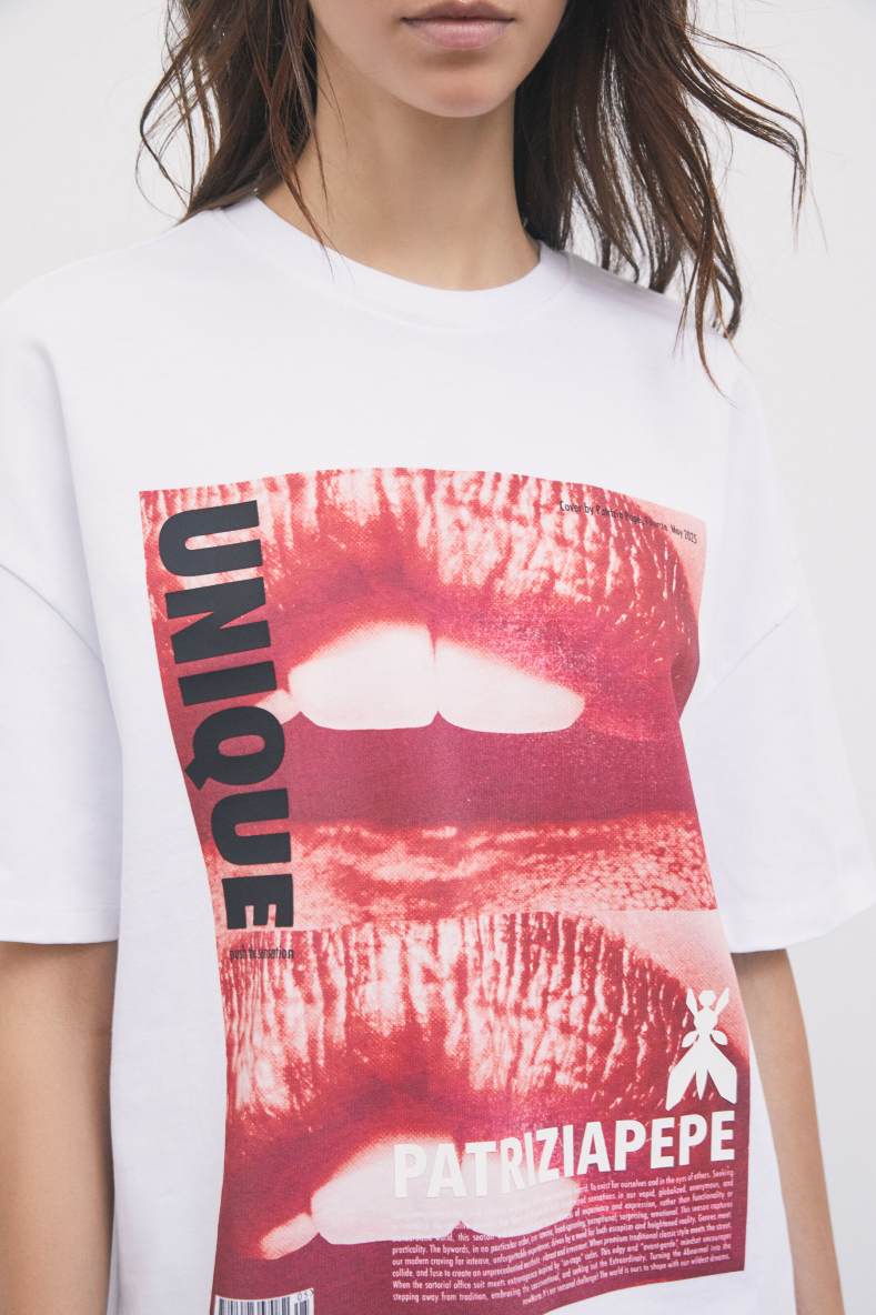 Cotton T-shirt with slogan print, White, Patrizia Pepe