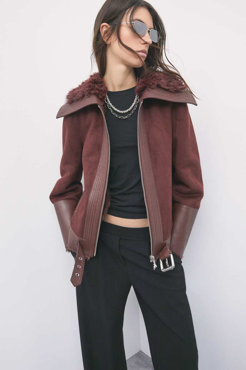 Biker jacket with fluffy details, Brown, Patrizia Pepe