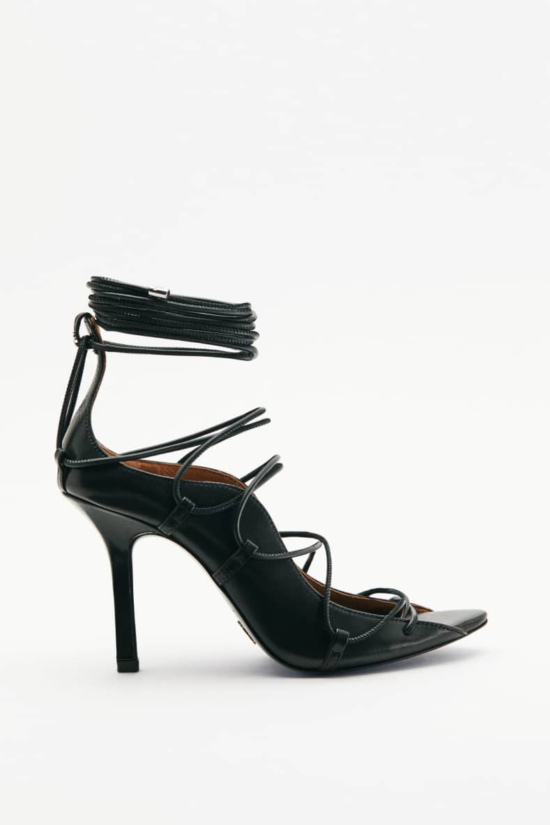 Leather woven sandals with heel, Black, Patrizia Pepe