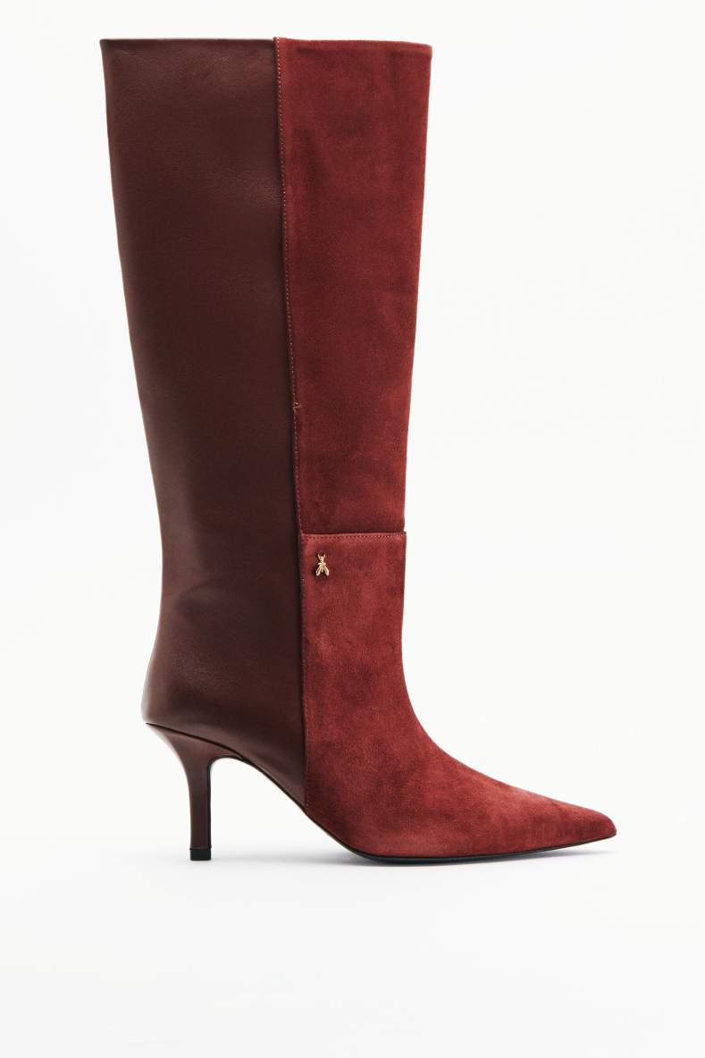 New Minimal Shape suede and shiny leather boots, Brown, Patrizia Pepe