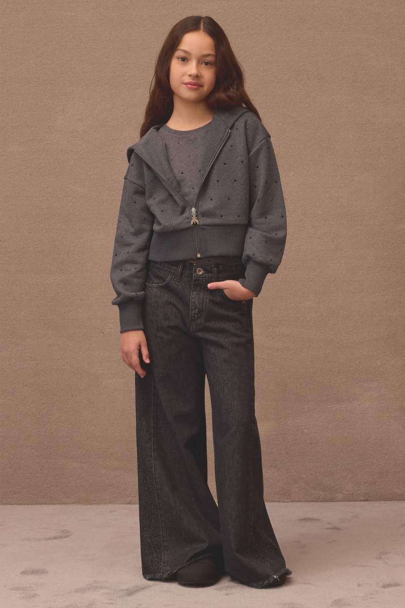 Wide-leg jeans with rhinestones, Black, Patrizia Pepe