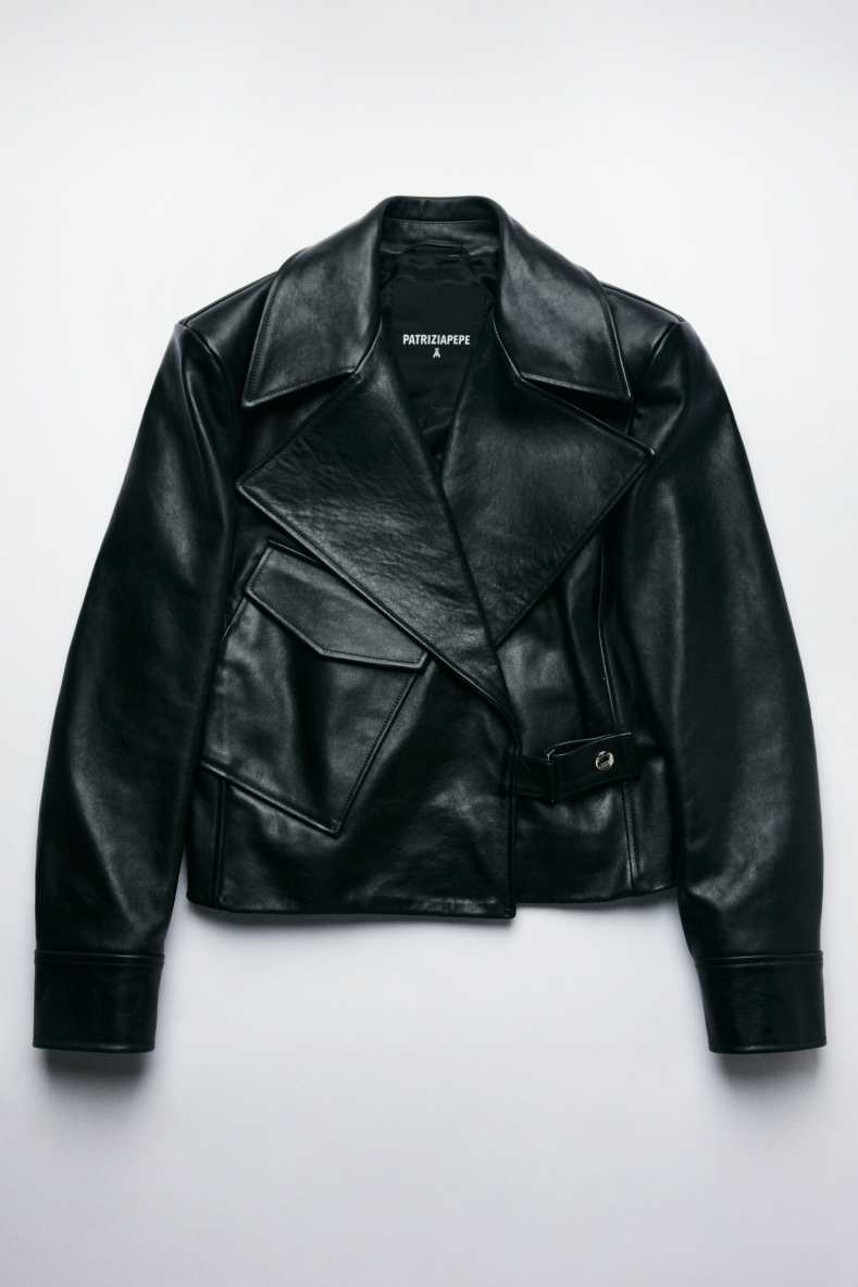 Oversized leather biker jacket, Black, Patrizia Pepe