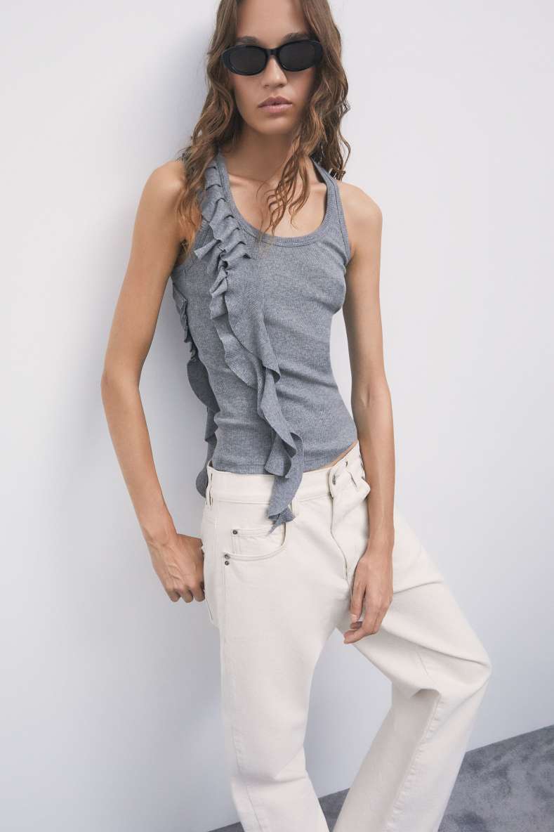 Jersey tank top with ruffles, Grey, Patrizia Pepe