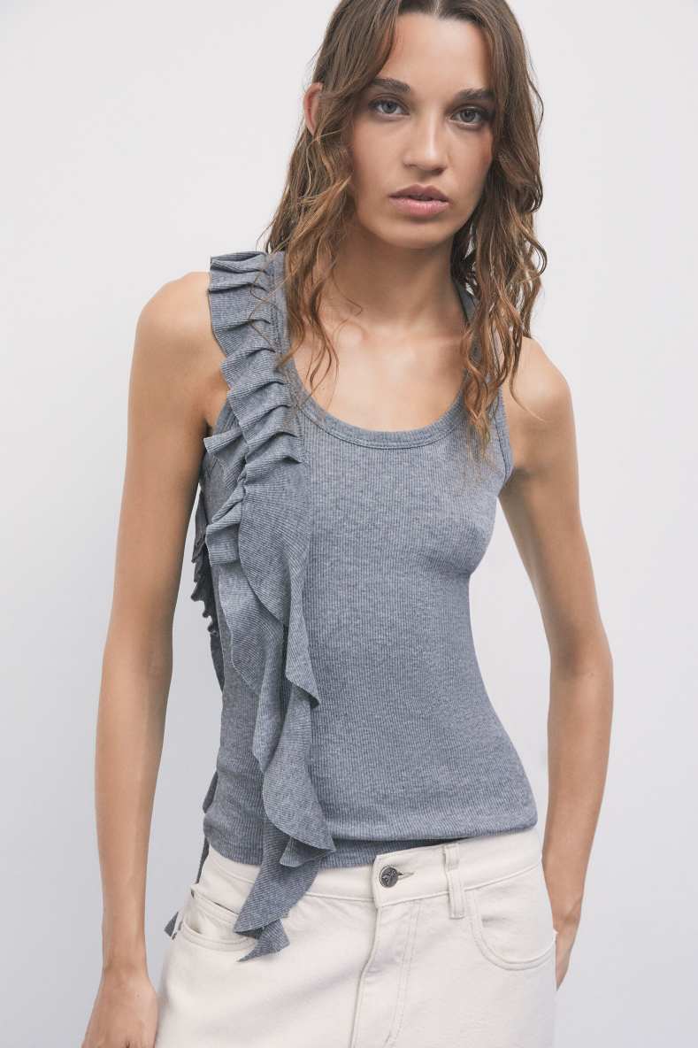 Jersey tank top with ruffles, Grey, Patrizia Pepe