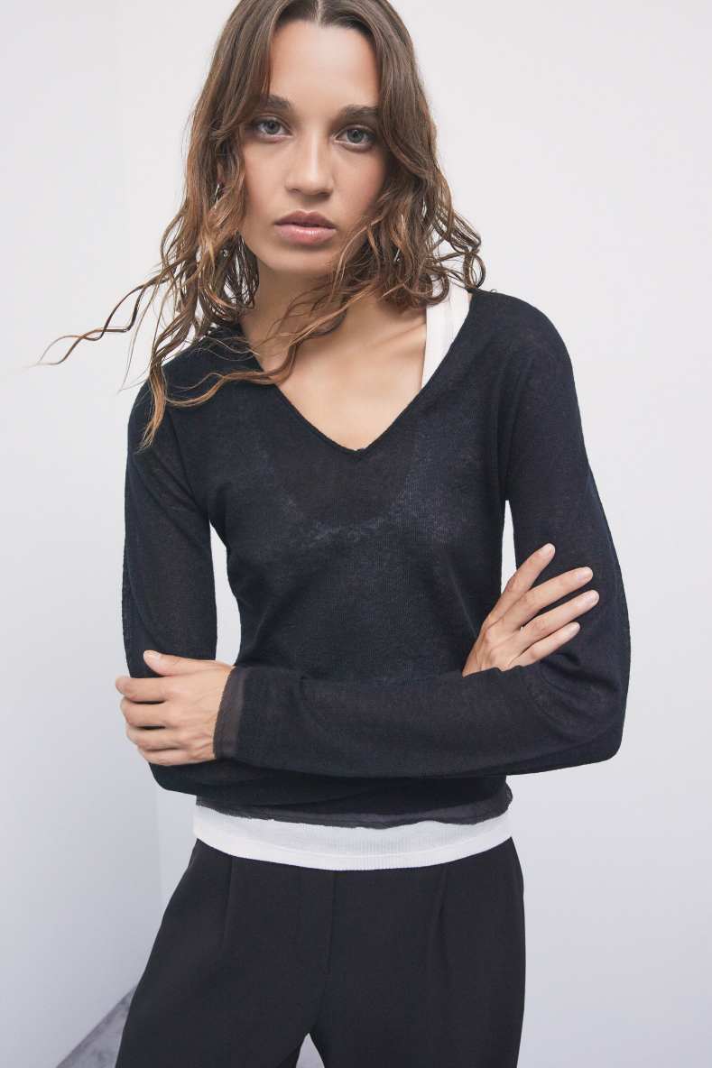 Wool-blend sweater with sheer details, Black, Patrizia Pepe