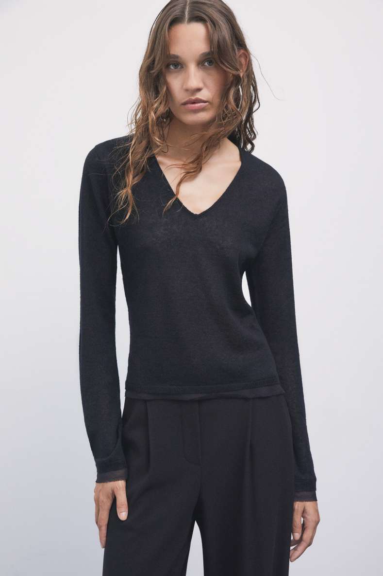 Wool-blend sweater with sheer details, Black, Patrizia Pepe