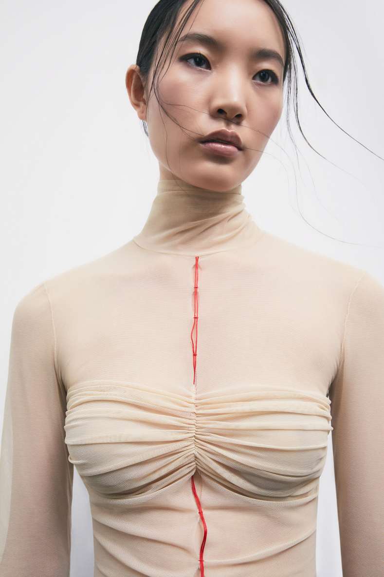 &bdquo;My SKIN Tailoring&ldquo; Longsleeve aus T&uuml;ll, Beige, Patrizia Pepe