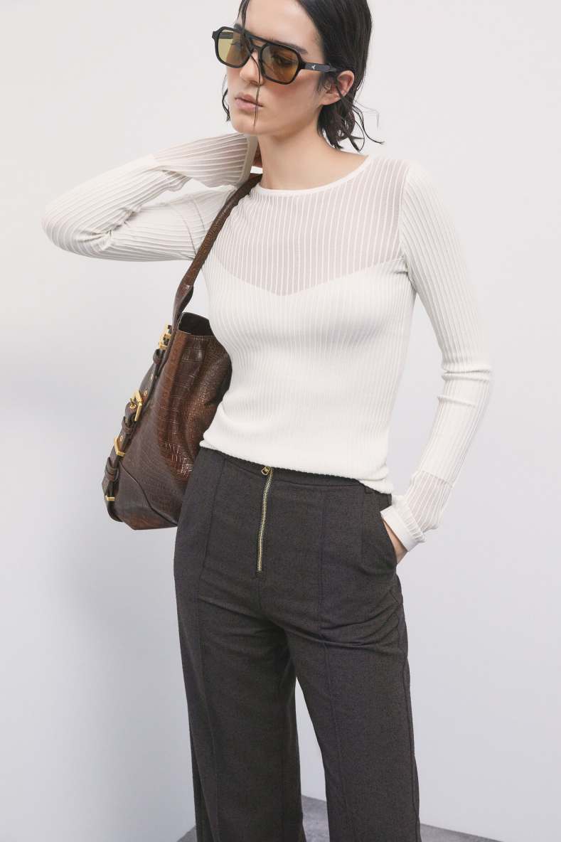 Jersey de punto acanalado con detalles transparentes, Blanco