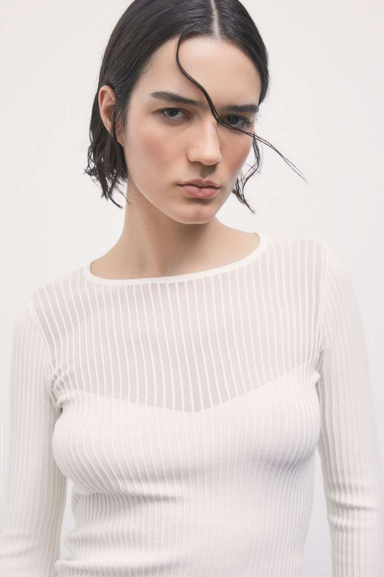 Jersey de punto acanalado con detalles transparentes, Blanco
