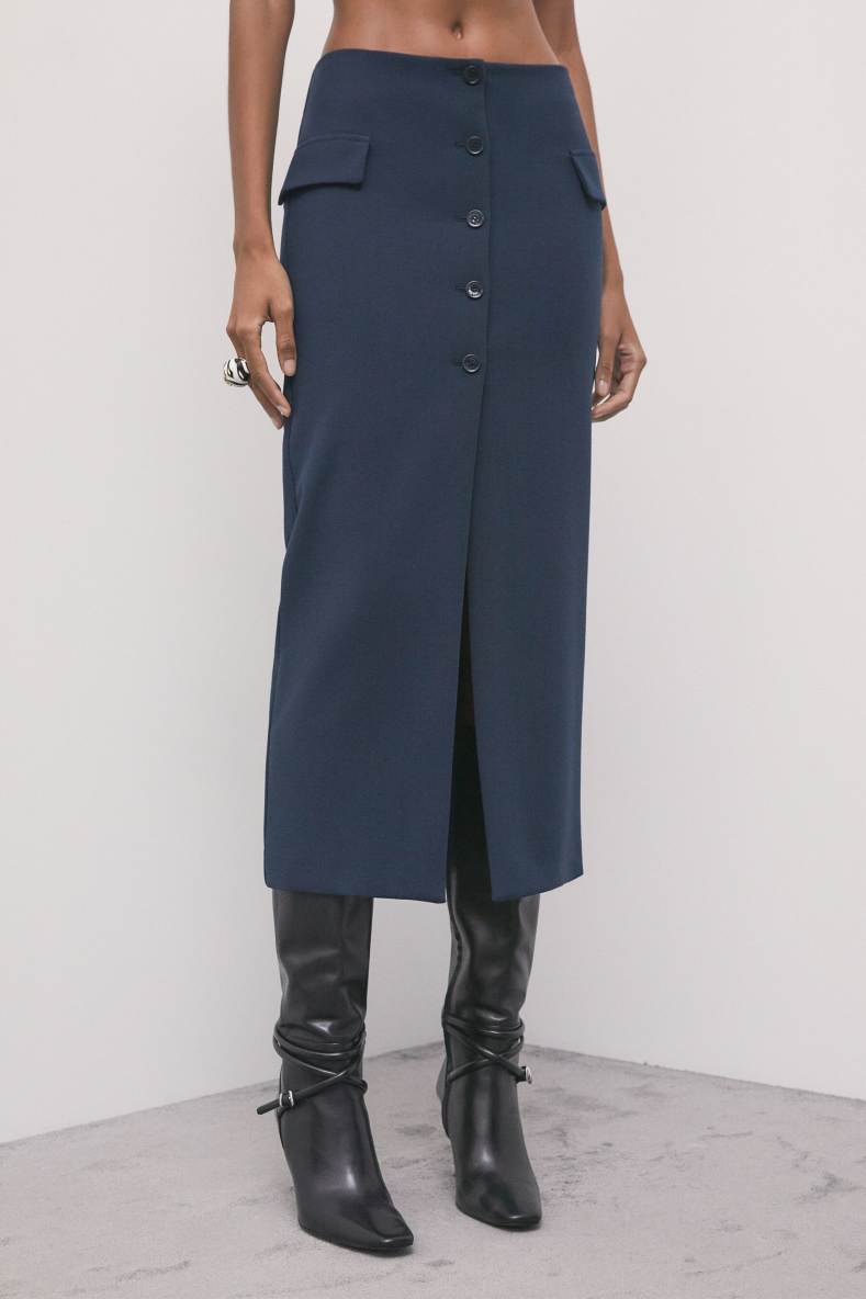 Tailored midi skirt with buttons, Blue, Patrizia Pepe