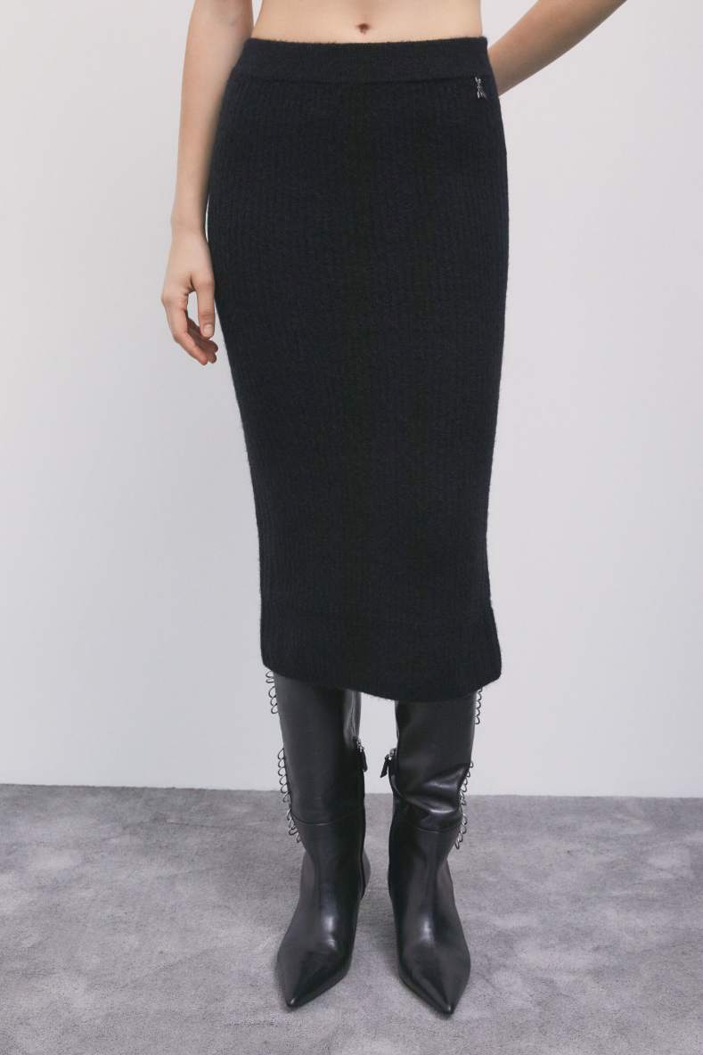 Knitted midi skirt with slit, Black, Patrizia Pepe