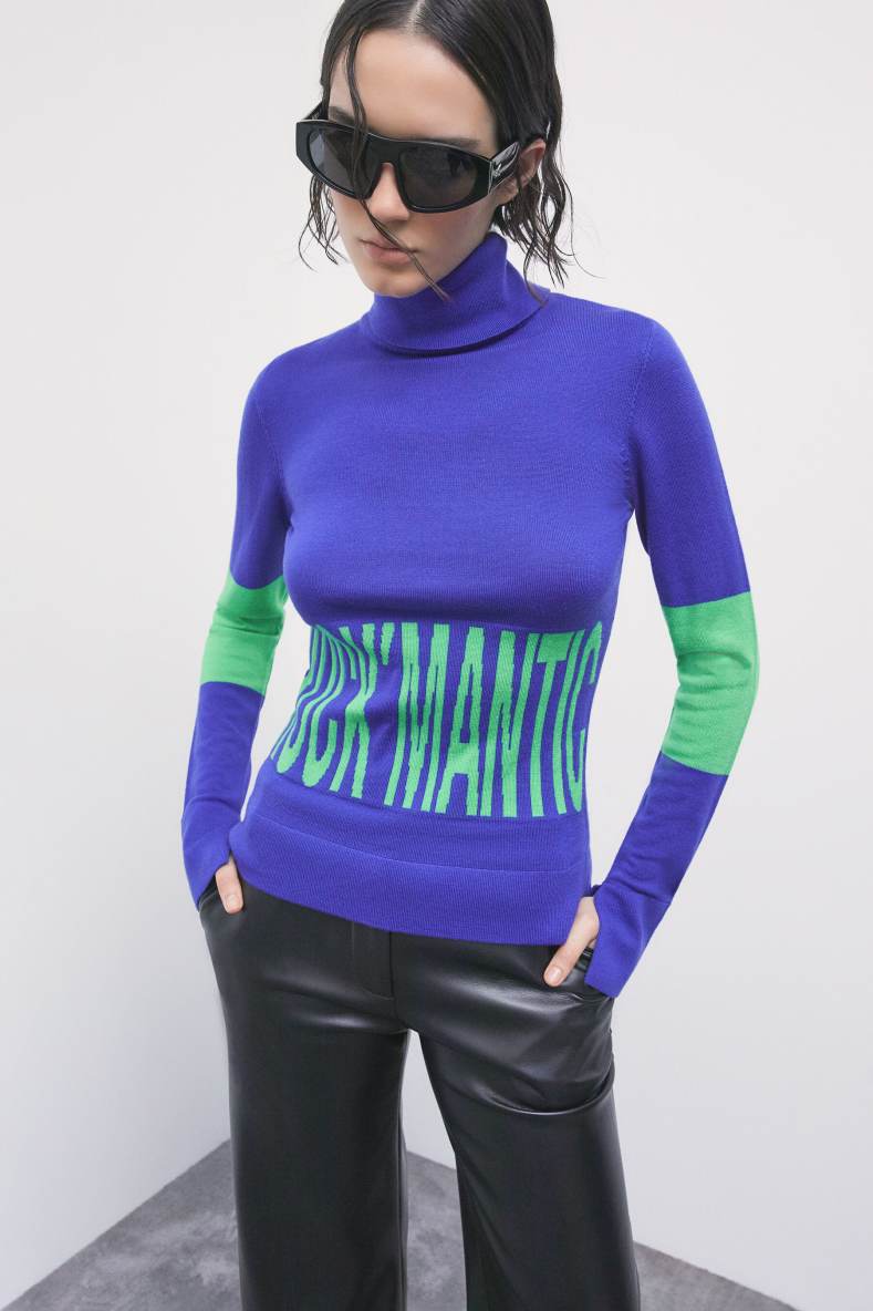 Jersey de cuello alto de lana ajustado con eslogan, Azul