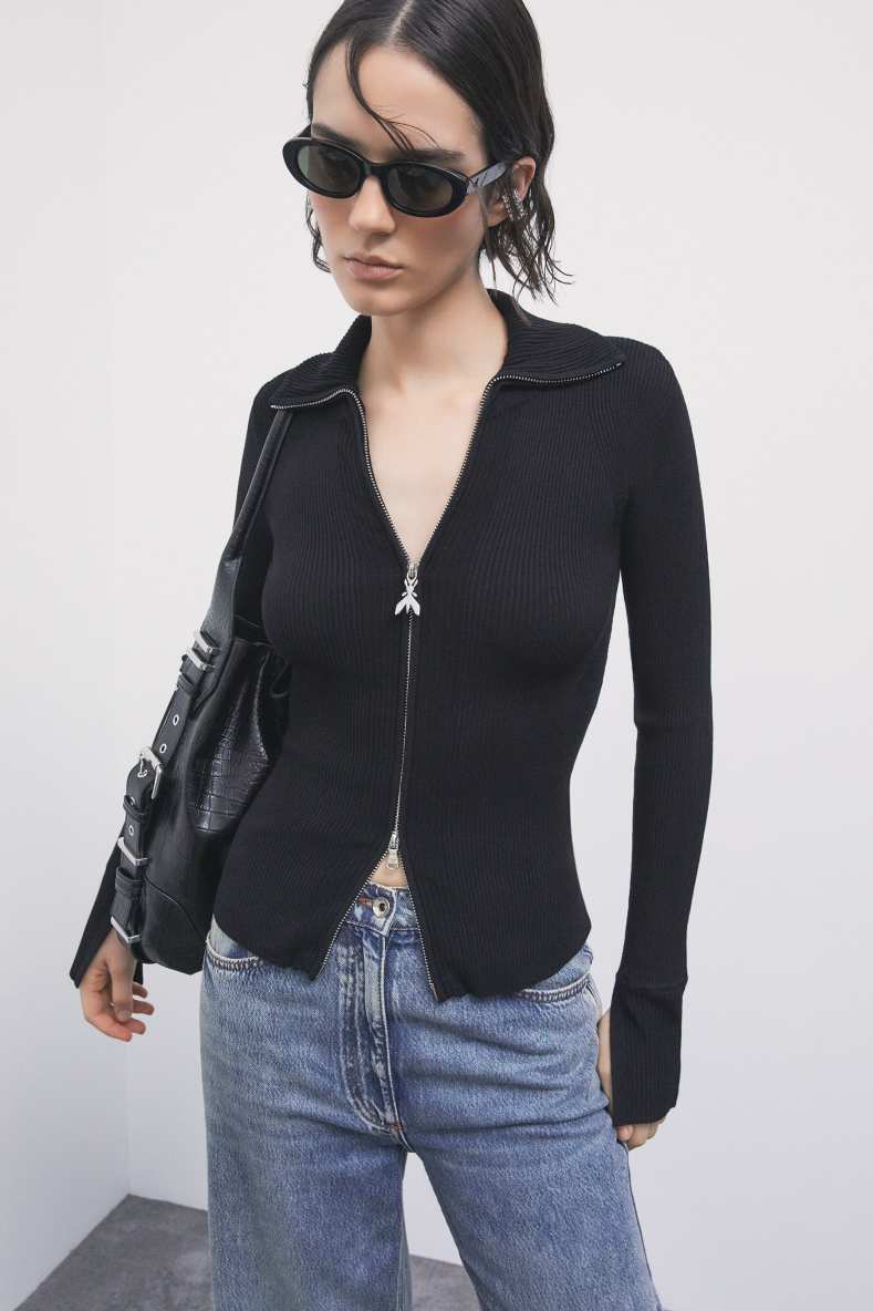 Jersey slim de mezcla de viscosa con cremallera, Negro