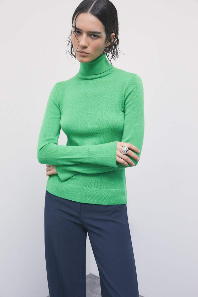 Jersey de cuello alto de lana ajustado, Verde