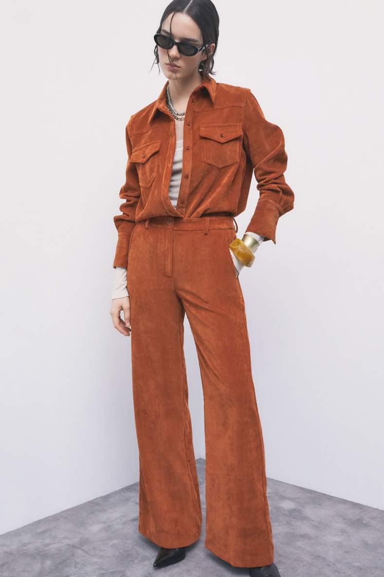 Pantal&oacute;n palazzo de tiro bajo en pana fina, Naranja oscuro