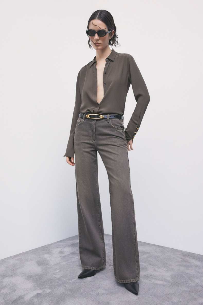 Vaqueros wide leg de tiro bajo, Marr&oacute;n