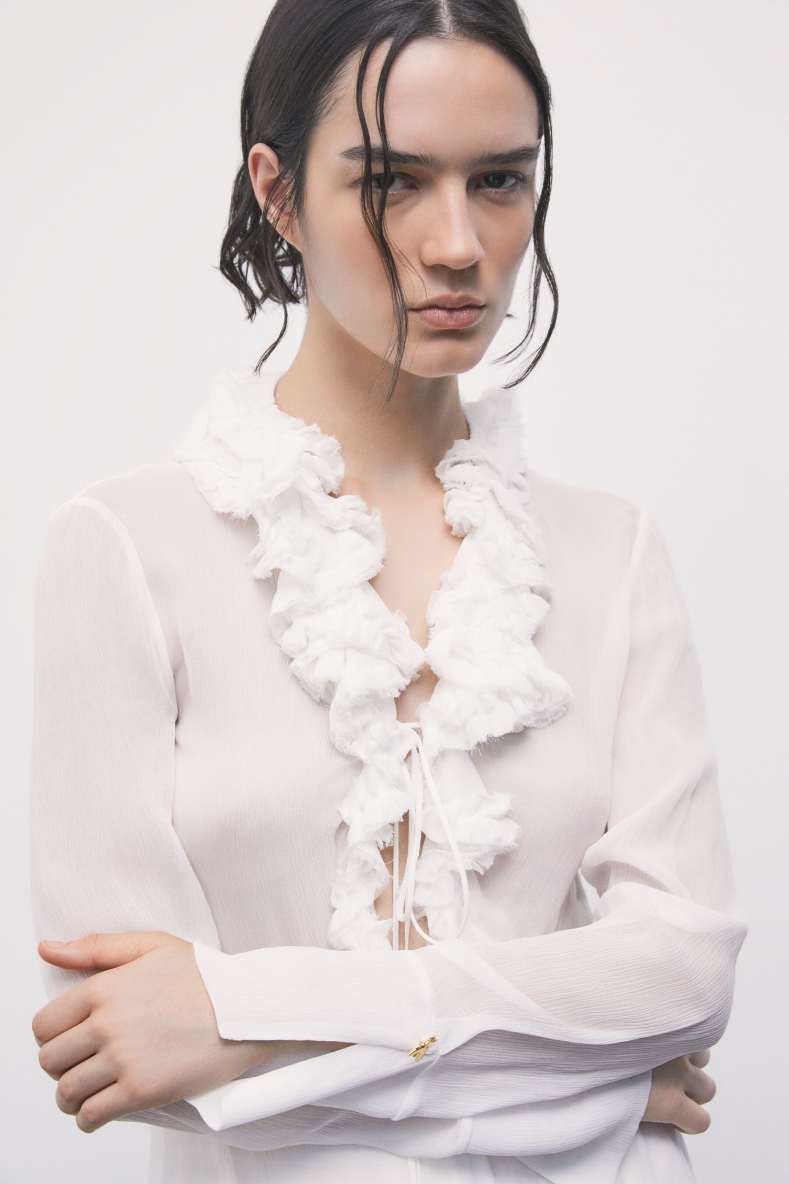 Sheer viscose shirt with ruffles, White, Patrizia Pepe