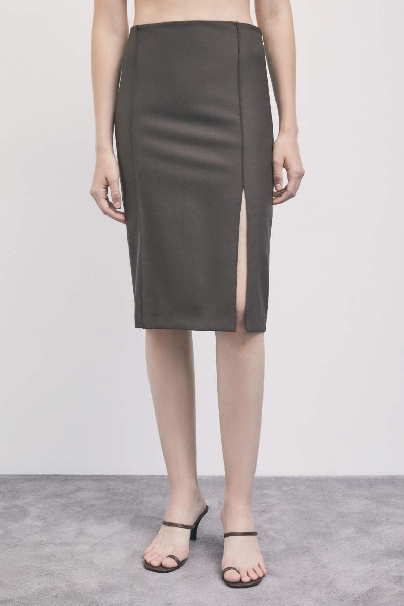Tailored gabardine midi skirt, Brown, Patrizia Pepe