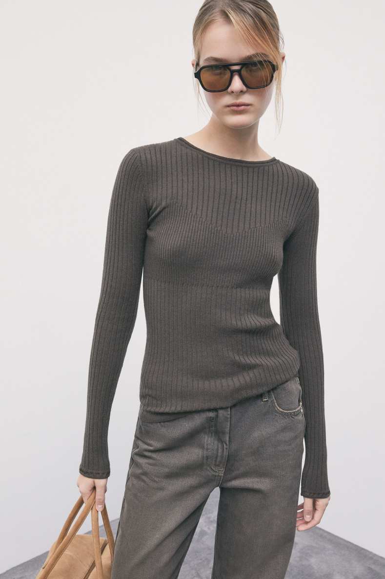 Slim-fit rib-knit jumper, Brown, Patrizia Pepe