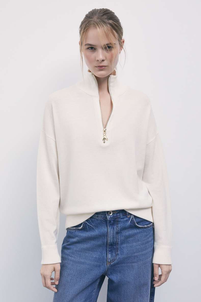 High-neck wool sweater with zip-up collar, White, Patrizia Pepe