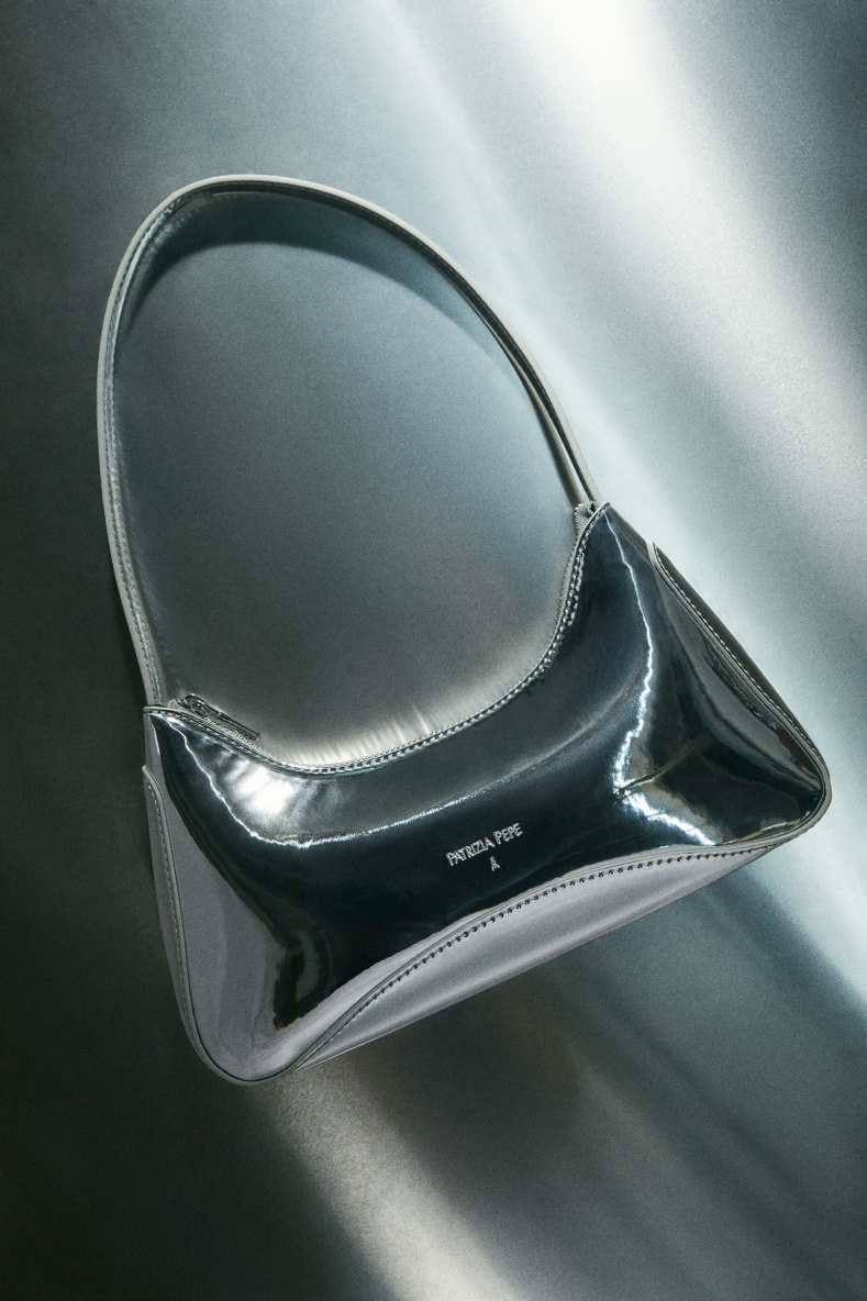 Laminated leather shoulder bag, Silver, Patrizia Pepe