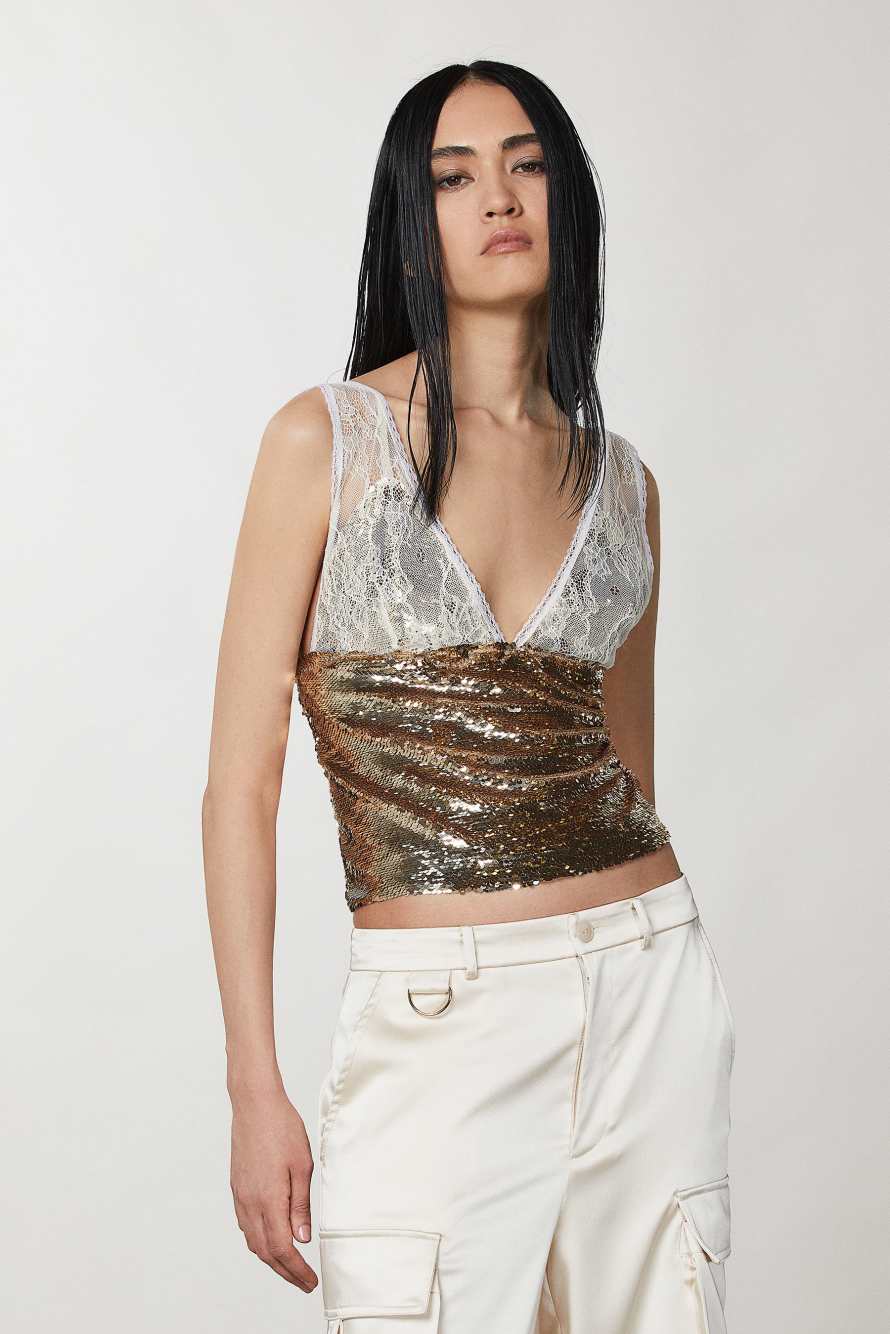Tulle and lace top, Gold, Patrizia Pepe
