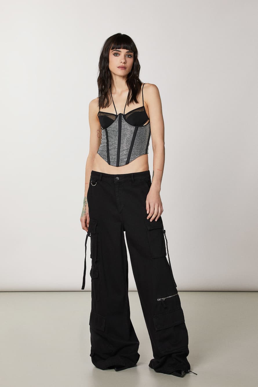 Gorset dżersejowy z cyrkoniami, Czarny, Patrizia Pepe