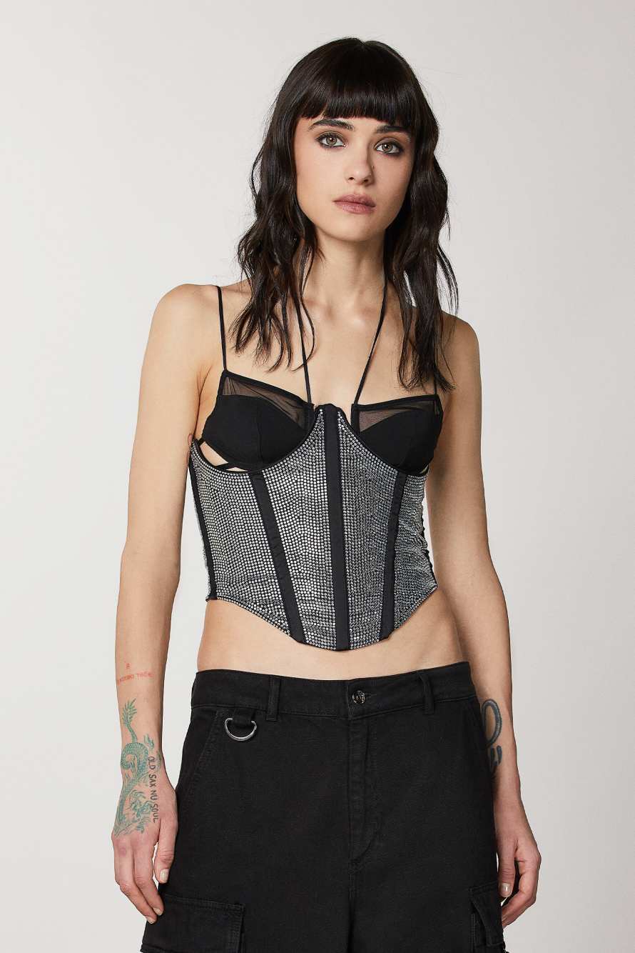 Gorset dżersejowy z cyrkoniami, Czarny, Patrizia Pepe