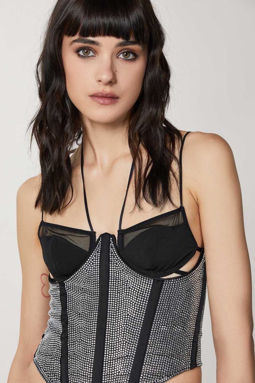 Gorset dżersejowy z cyrkoniami, Czarny, Patrizia Pepe