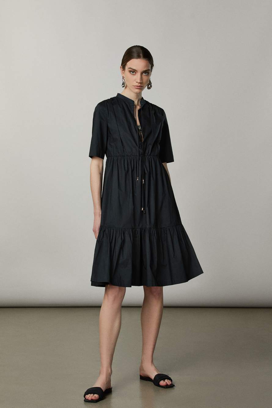 Flared midi dress with a Mandarin collar, Black, Patrizia Pepe
