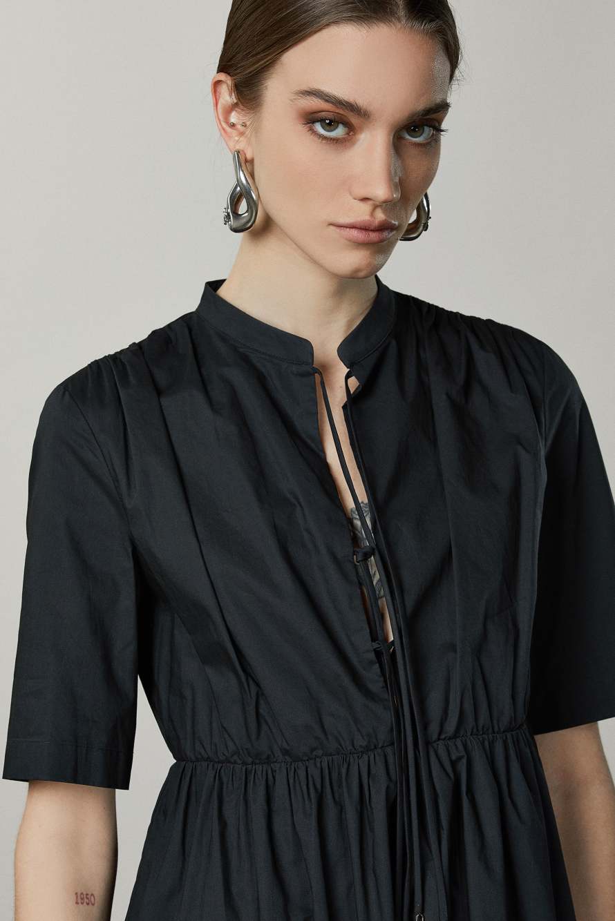 Flared midi dress with a Mandarin collar, Black, Patrizia Pepe