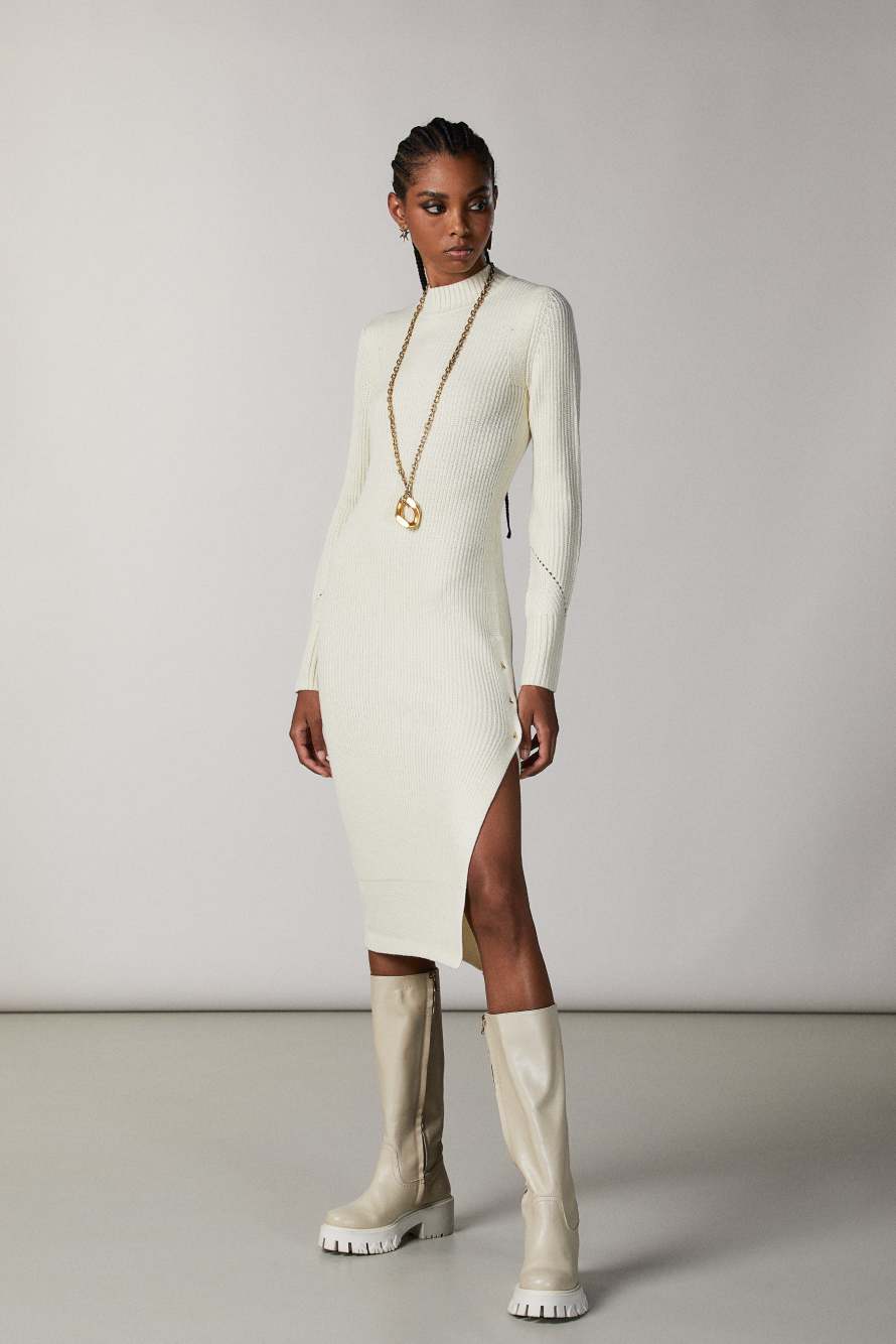 Slit midi dress, Beige, Patrizia Pepe