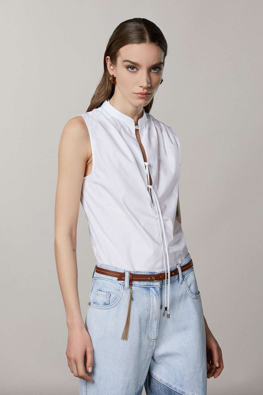 Sleeveless Mandarin-collar blouse, White, Patrizia Pepe