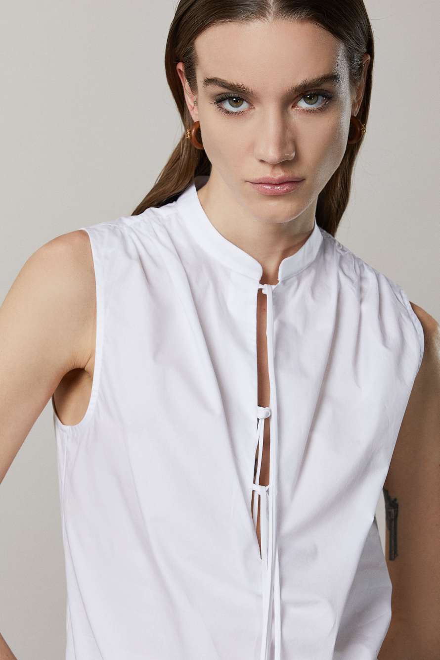 Sleeveless Mandarin-collar blouse, White, Patrizia Pepe