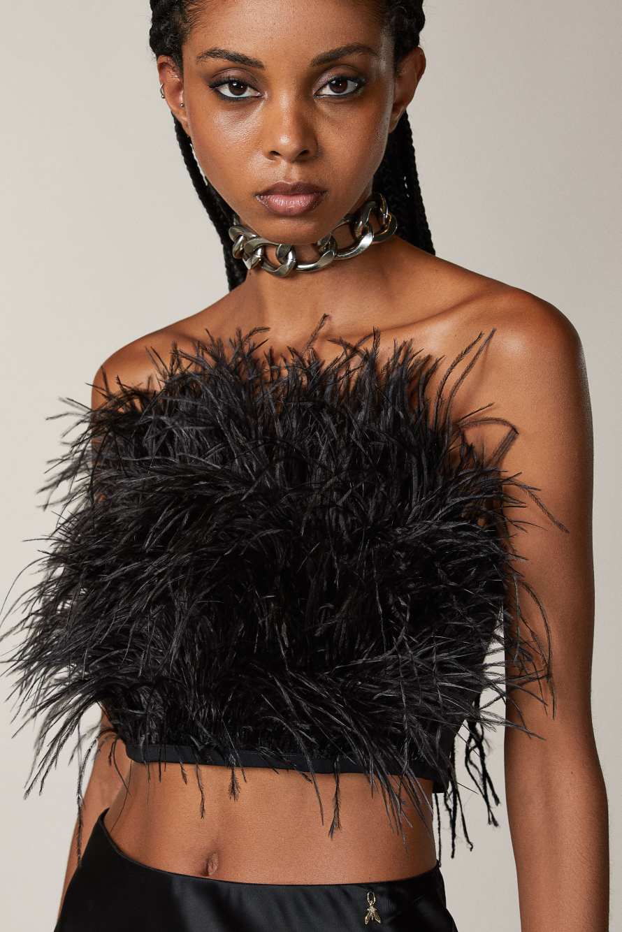 Top con piume in flanella, Nero, Patrizia Pepe