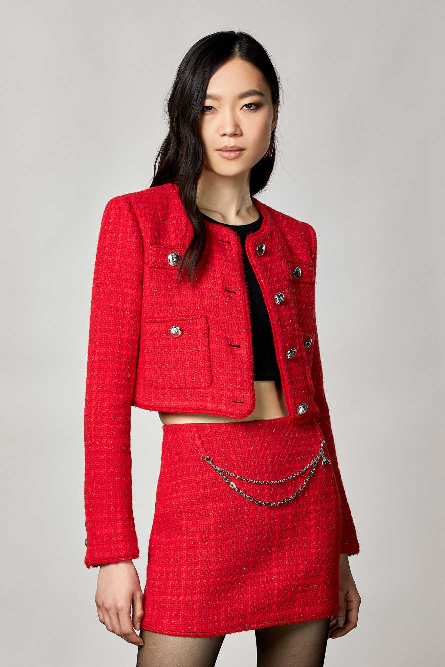 Check boucl&eacute; cropped jacket, Red, Patrizia Pepe