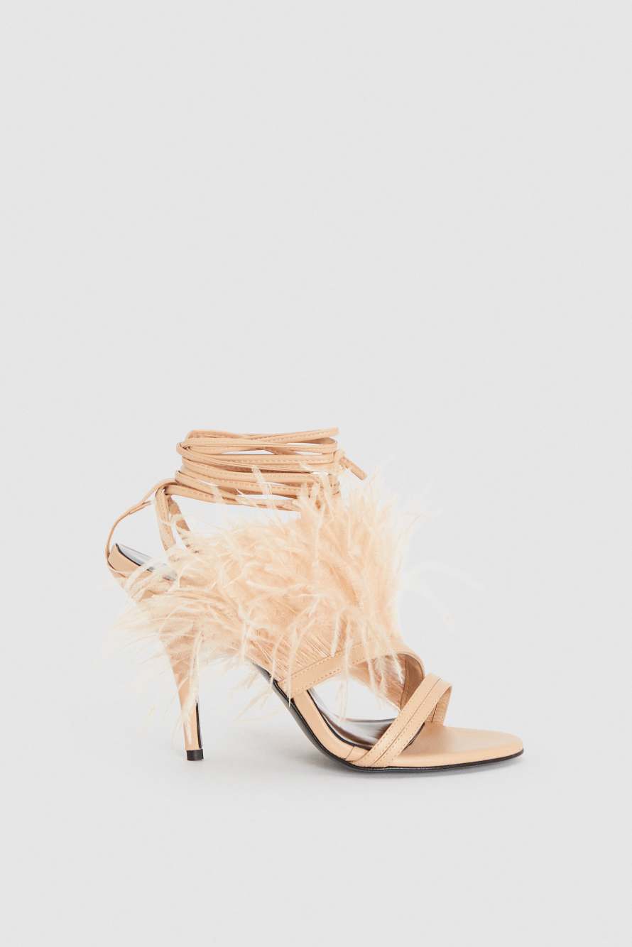 Heeled sandals with a feather collar, Beige, Patrizia Pepe
