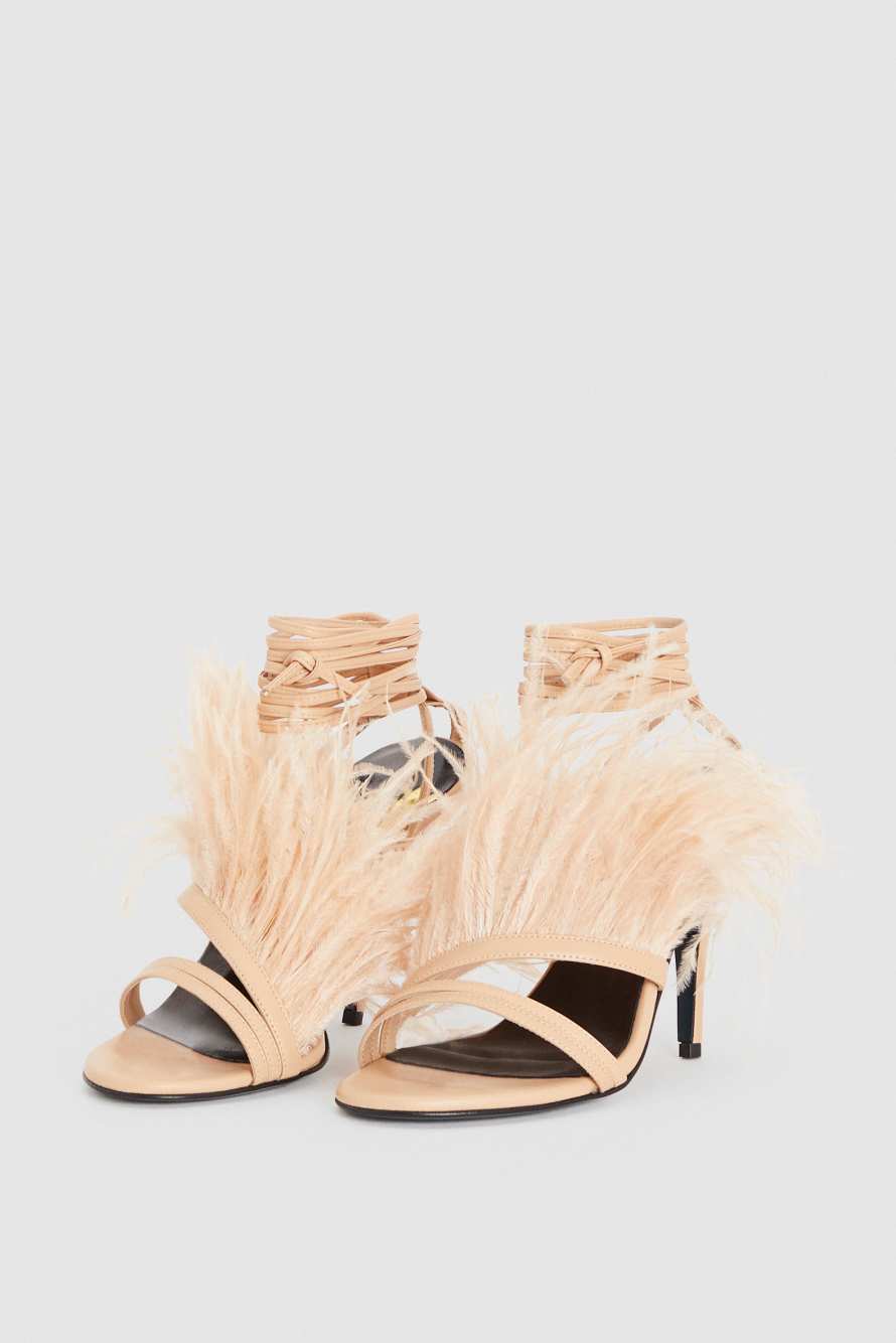 Heeled sandals with a feather collar, Beige, Patrizia Pepe