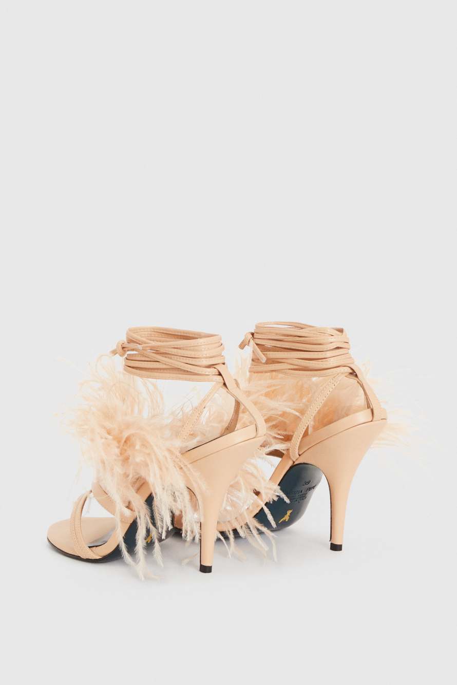 Heeled sandals with a feather collar, Beige, Patrizia Pepe