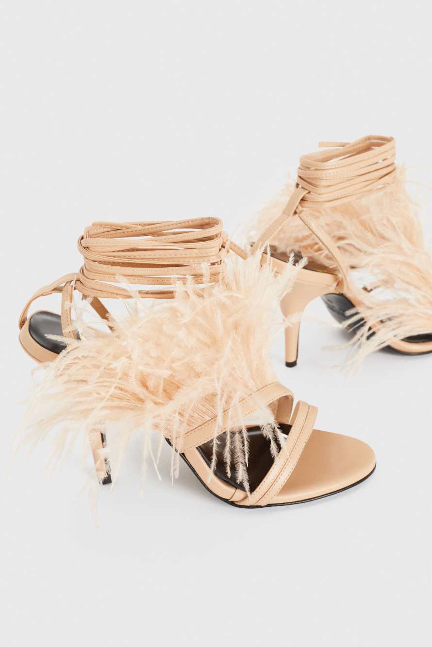 Heeled sandals with a feather collar, Beige, Patrizia Pepe