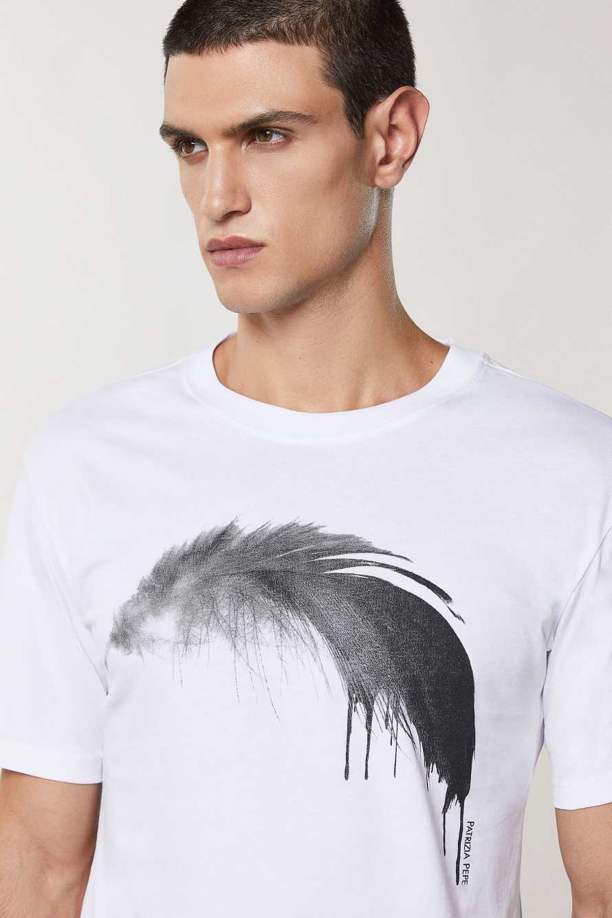 Cotton T-shirt with Feather print, White, Patrizia Pepe