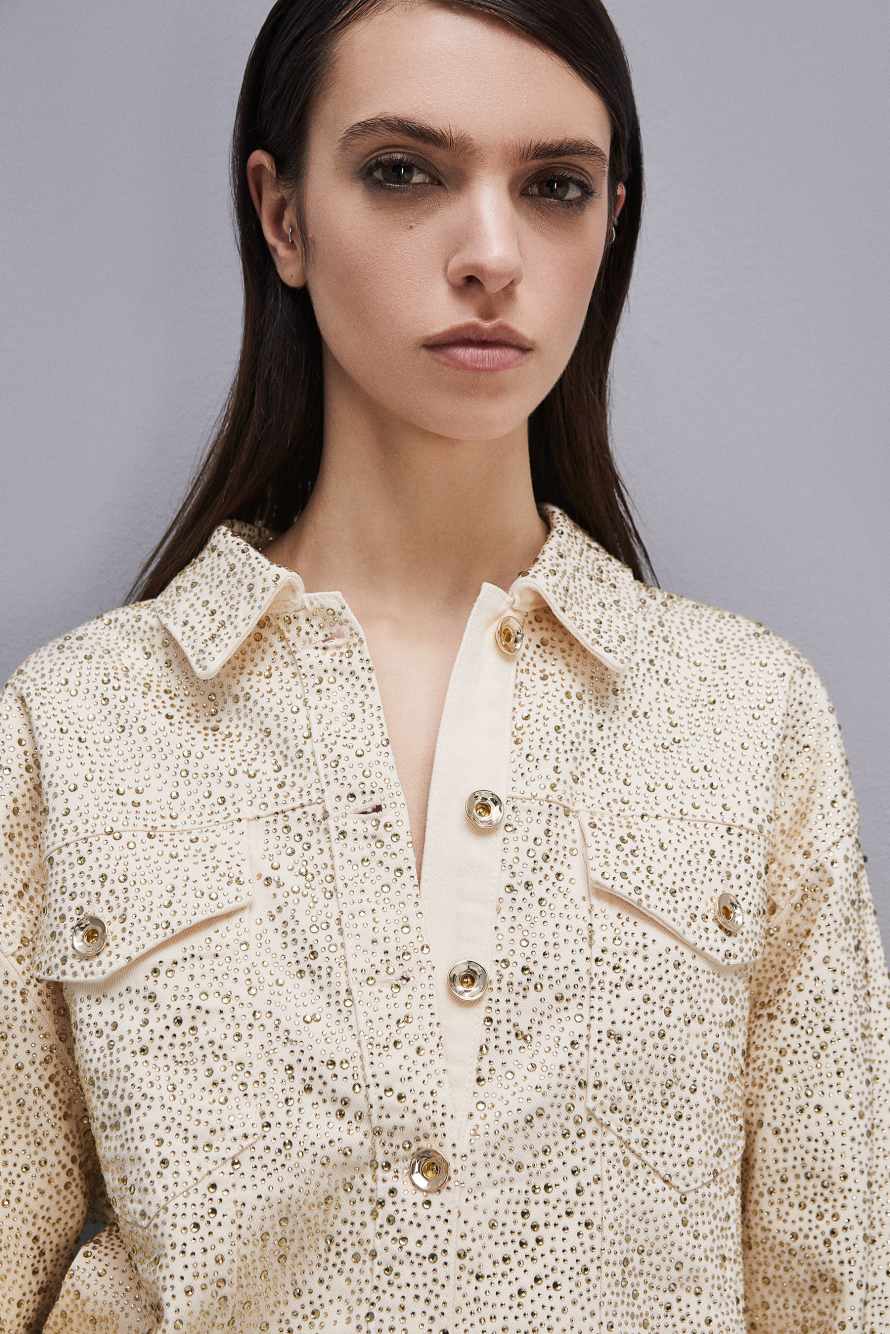 Jeansjacke mit Strassbesatz, Wei&szlig;/ Gold, Patrizia Pepe