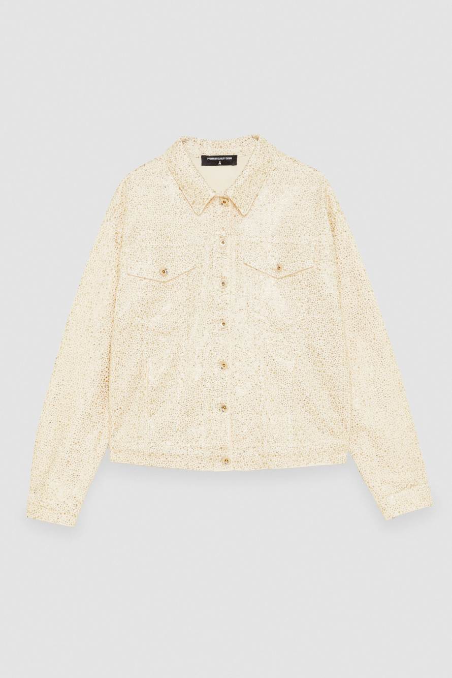Jeansjacke mit Strassbesatz, Wei&szlig;/ Gold, Patrizia Pepe