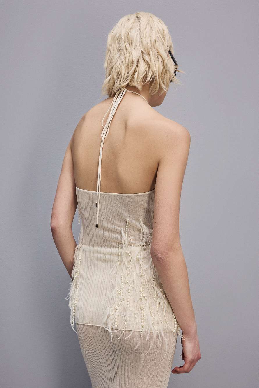 Top senza maniche con ricamo piume e perle, Bianco, Patrizia Pepe