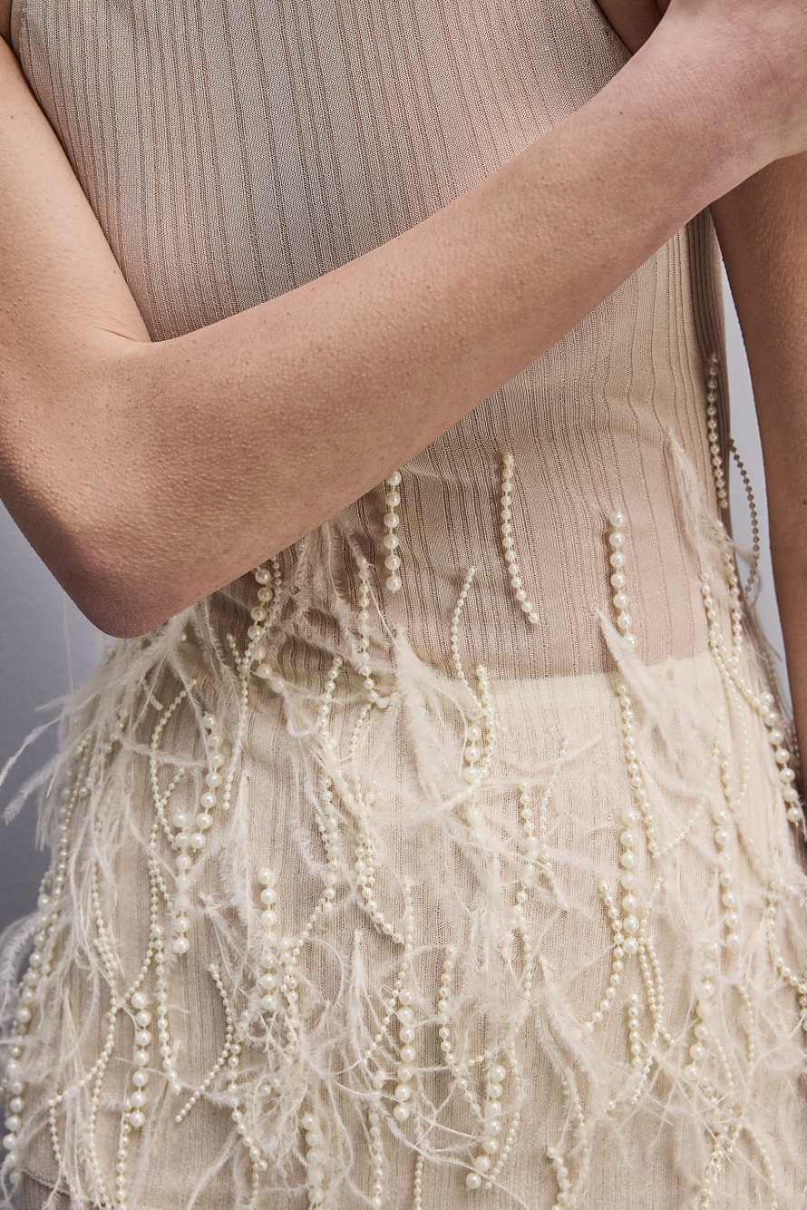 Top senza maniche con ricamo piume e perle, Bianco, Patrizia Pepe