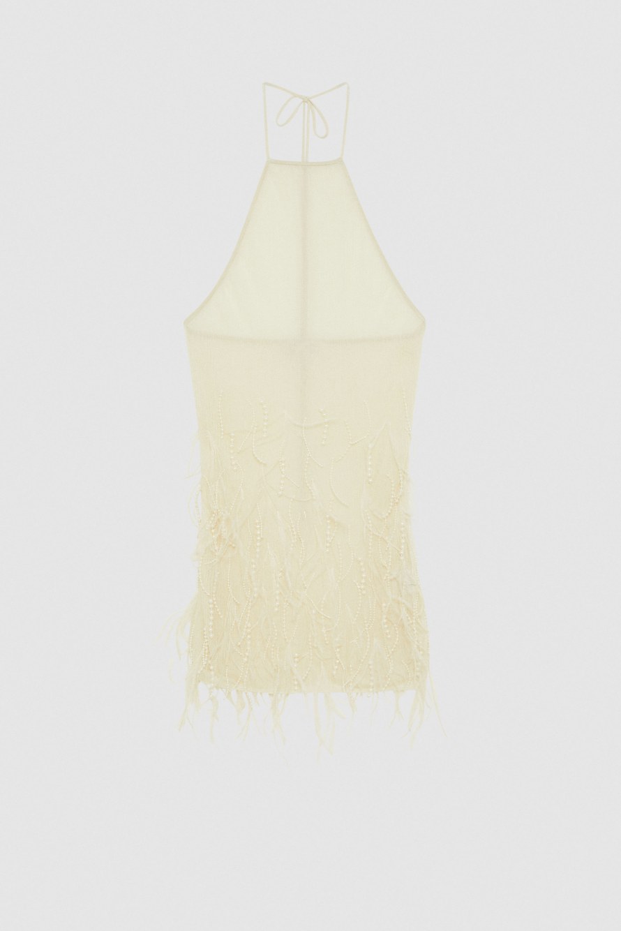 Top senza maniche con ricamo piume e perle, Bianco, Patrizia Pepe