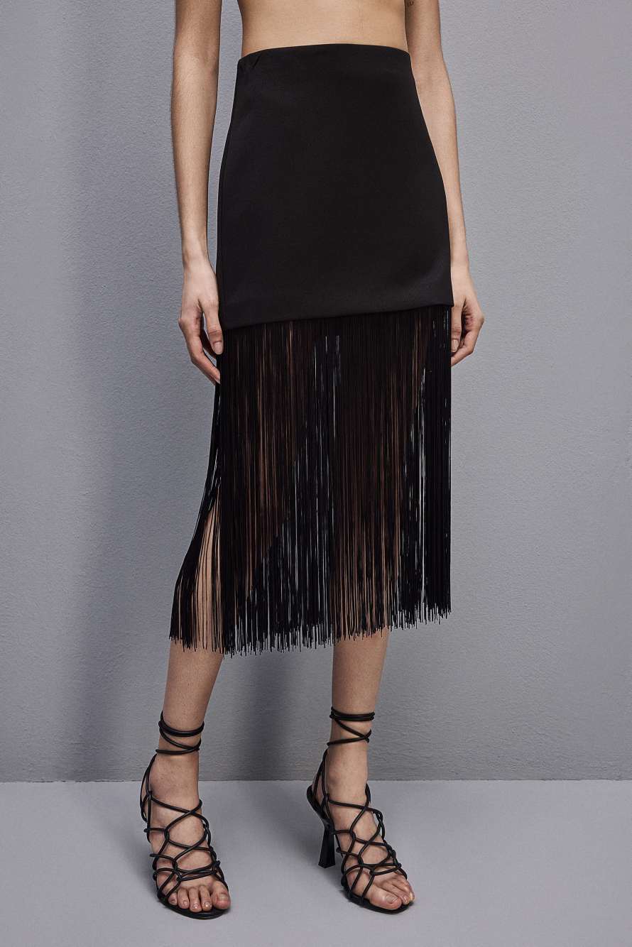 Mini-jupe &agrave; franges, Noir, Patrizia Pepe