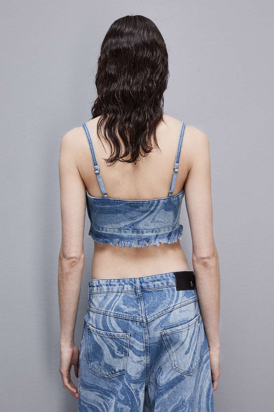 Top avec strass en denim imprim&eacute; et coton, Bleu, Patrizia Pepe